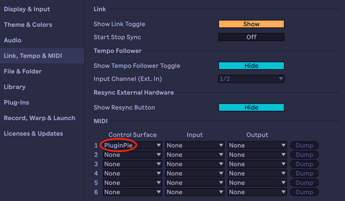 Ableton Live Link, Tempo and MIDI settings with PluginPie selected in an unused Control Surface row and Input and Output set to None