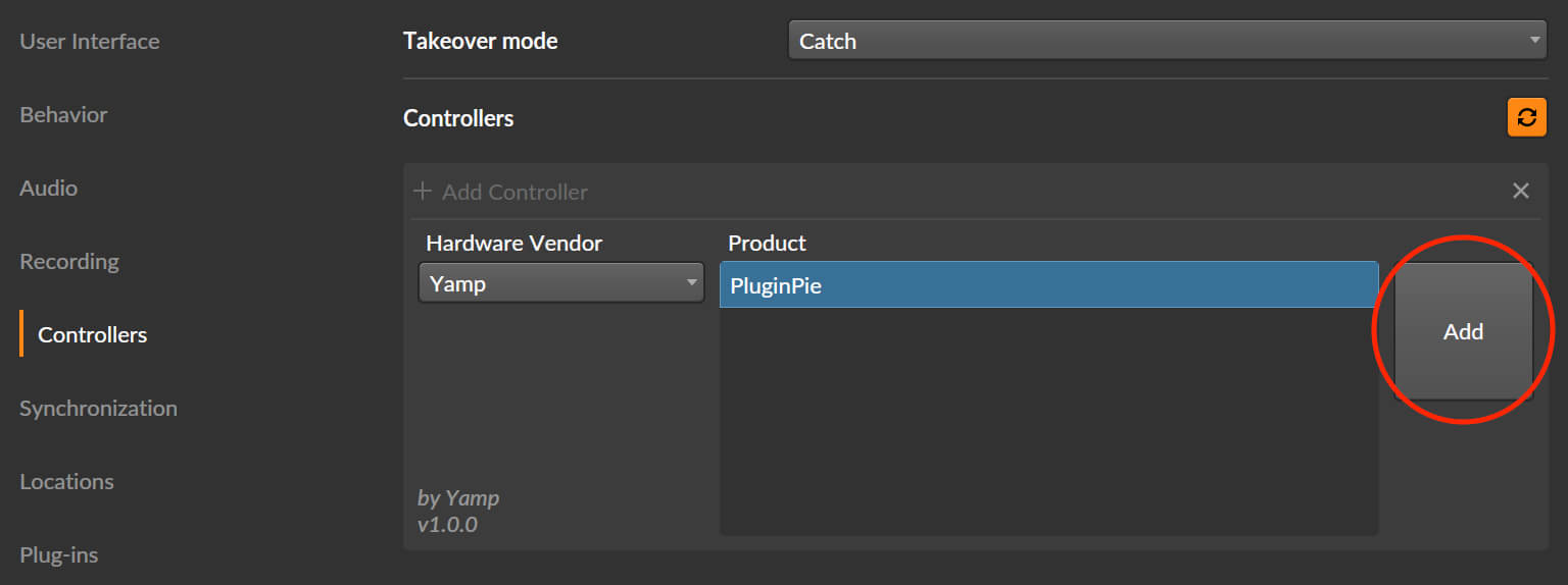 Bitwig controller settings with Yamp selected as the hardware vendor, PluginPie selected as the product, and the Add button highlighted