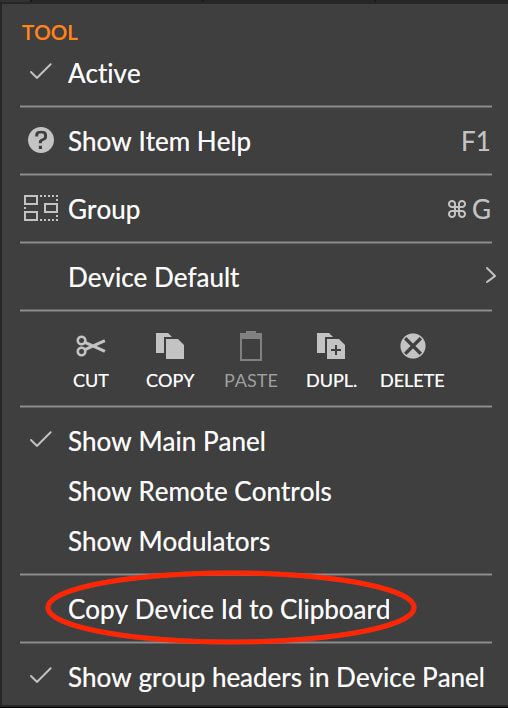 Bitwig device menu with Copy Device Id to Clipboard highlighted
