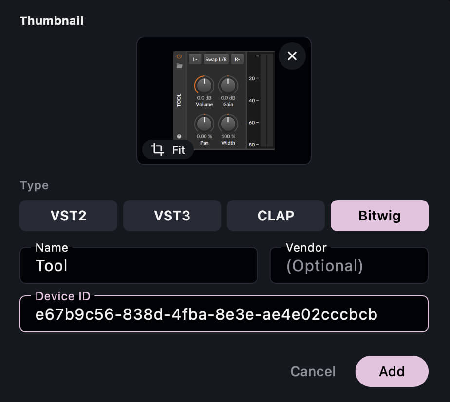 PluginPie Bitwig entry form with Bitwig selected as the type and a copied value in the Device ID field