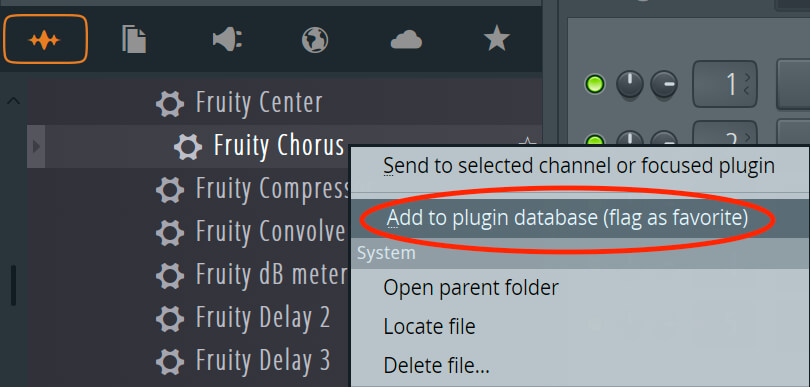FL Studio Browser context menu with Add to plugin database, flag as favorite, highlighted