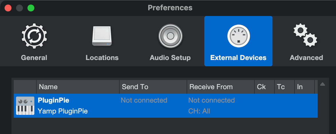 Studio External Devices preferences showing PluginPie in the device list